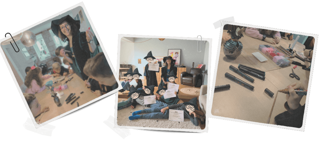 Collage de 3 photos, avec 1 sorcière, une photo de groupe avec les enfants tenant leur diplôme de sorciers et une photo d'enfant décorant une baguette magique lors d'un Anniversaire école des sorciers